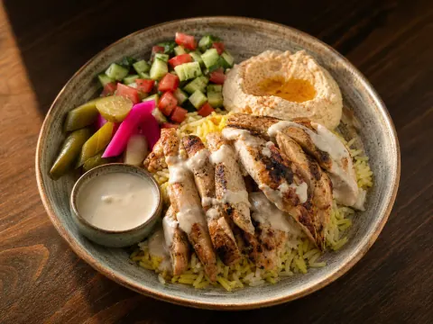 Representative a grilled chicken shawarma rice bowl with hummus, cucumber salad, pickles, and tahini selected for Aladdin Kitchen