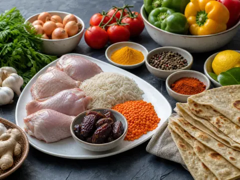 Representative an abundant halal grocery food display with fresh produce, dates, flatbreads, rice, lentils, spices, and neatly wrapped poultry selected for Bismillah Grocery