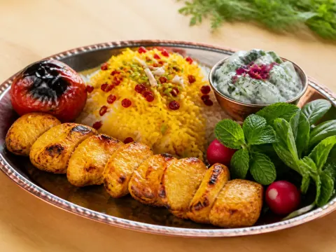 Representative Persian saffron chicken kabob with jeweled rice, grilled tomato, fresh herbs, and mast-o-khiar selected for Darband Kabob