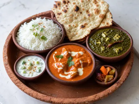 Representative a South Asian restaurant meal with butter chicken, saag, basmati rice, naan, cucumber raita, and pickles selected for Food Factory