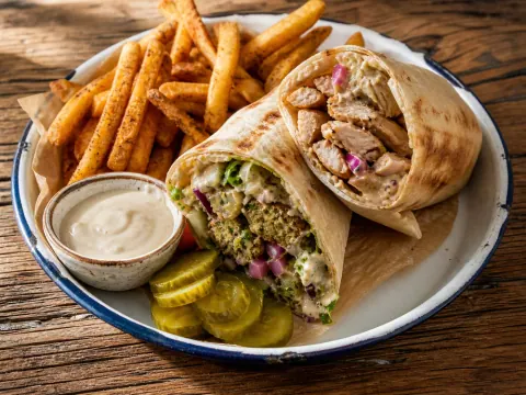 Representative a falafel and chicken shawarma wrap cut open beside seasoned fries, pickles, and tahini selected for Halal Wrist