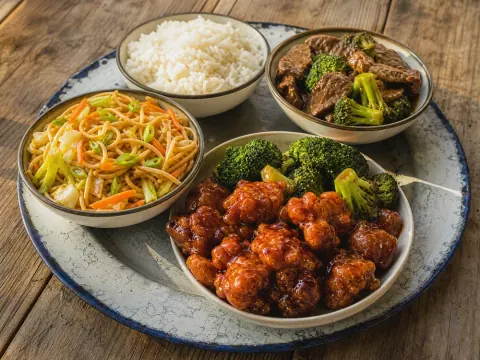 Representative halal General Tso chicken with beef and broccoli, vegetable lo mein, and steamed rice selected for Hunan Village