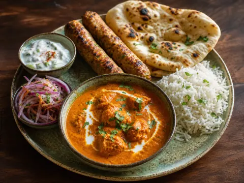 Representative chicken tikka masala with seekh kabob, basmati rice, naan, cucumber raita, and onion salad selected for Kabob N Curry