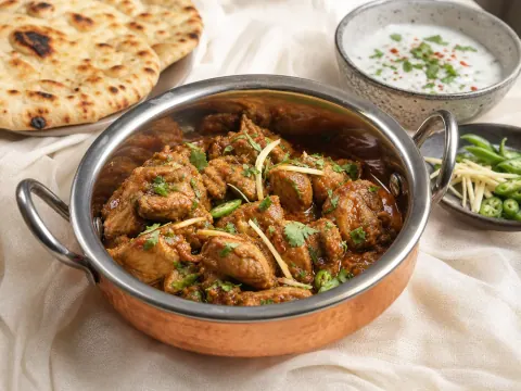 Representative Pakistani chicken karahi in a copper bowl with ginger, cilantro, green chilies, naan, and raita selected for Karahi Boys