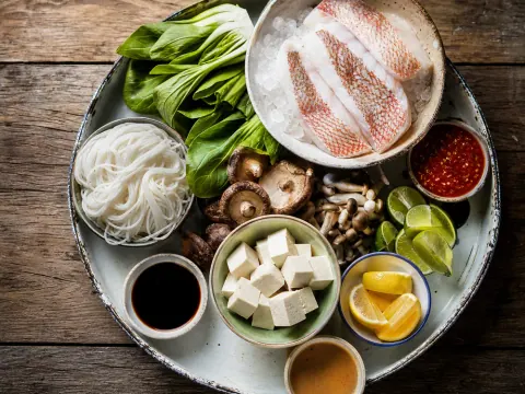 Representative an Asian international market food display with bok choy, mushrooms, citrus, rice noodles, sauces in plain bowls, tofu, and fresh fish on ice selected for Lotte Plaza Market