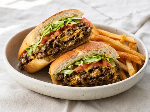 Representative a halal chopped-cheese sandwich with griddled beef, melted cheese, lettuce, tomato, and seasoned fries selected for New York Grill