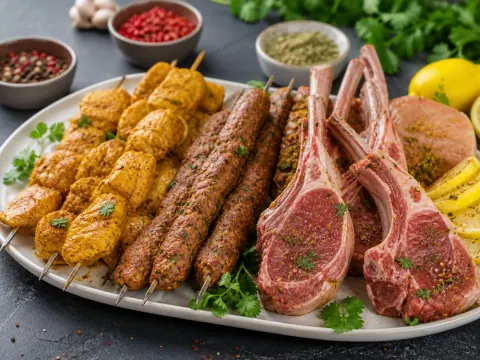 Representative a clean halal butcher food display with marinated kebab skewers, lamb chops, chicken pieces, herbs, lemons, and spice bowls selected for Sahara Halal Meat
