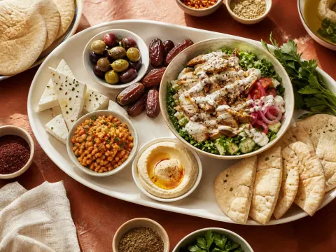 Representative a halal market and cafe spread with fresh bread, olives, dates, cheeses, herbs, lentils, spices, and a chicken shawarma bowl selected for Ummah Market & Cafe